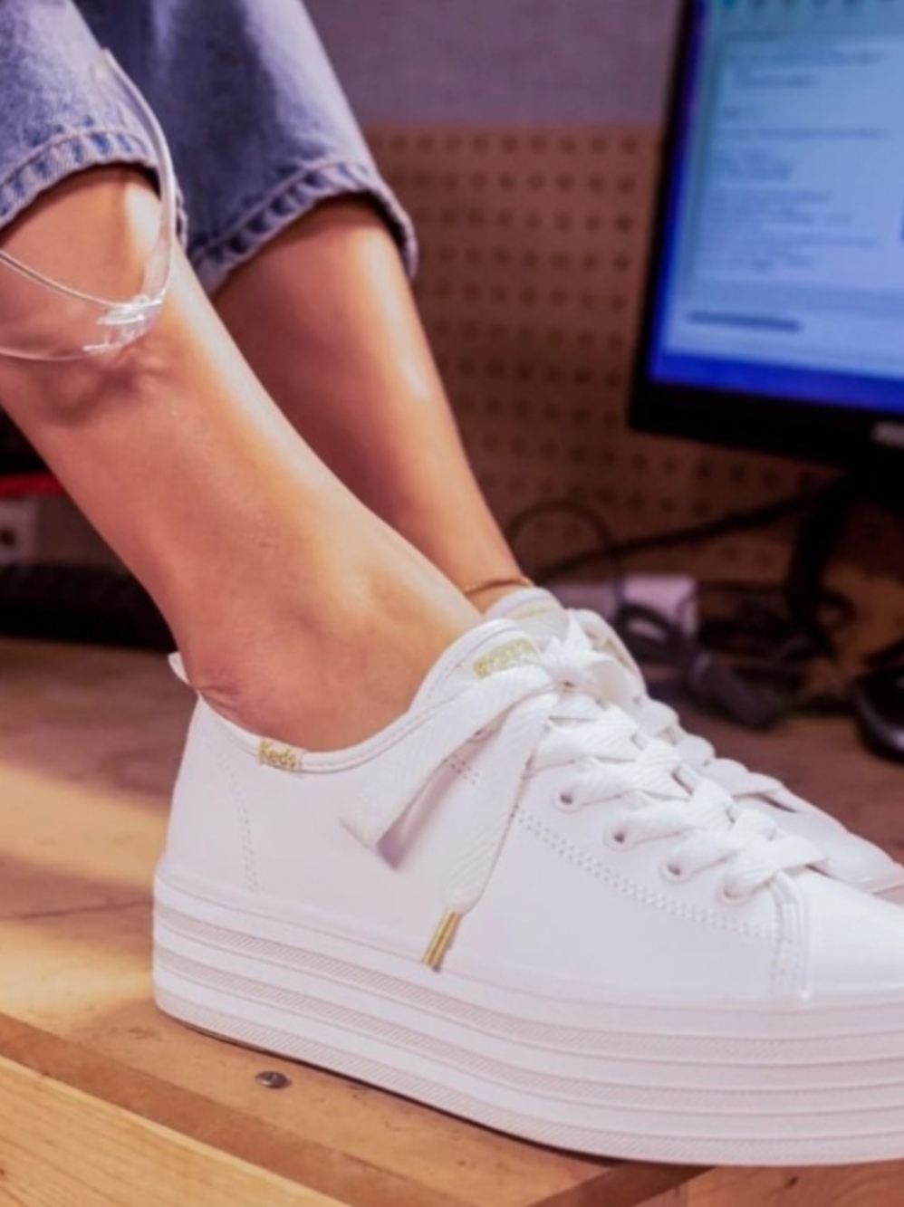 Keds Leather Platform Lace-Up Sneakers with Gold Accents